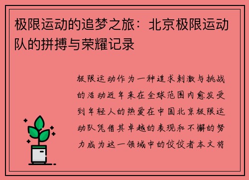 极限运动的追梦之旅：北京极限运动队的拼搏与荣耀记录